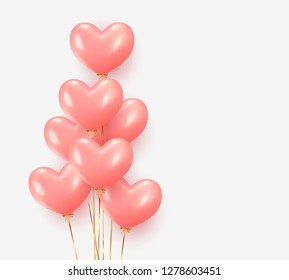 Balloons group realistic in shape pink heart with gold ribbon. 3d ballon isolated on white background