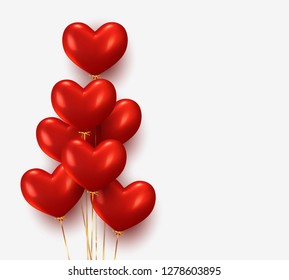 Balloons group realistic in shape red heart with gold ribbon. 3d ballon isolated on white background