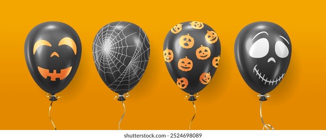 Globos con adornos de Halloween conjunto de iconos de color realista. Web cráneo y calabazas patrones 3D objetos ilustraciones sobre fondo naranja