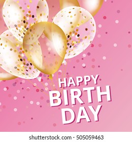 Balloons happy birthday. Gold pink balloons background Happiness Birth day. Happy Birthday background. Greeting backdrop card, flyer, poster sign banner web postcard, invitation. Gold blur backdrop
