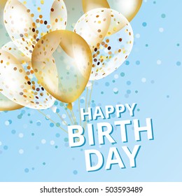 Balloons happy birthday on black. Gold and blue balloon sparkles holiday background. Happiness Birth day to you logo, card, banner, web, design. Happy Birthday and new year card. Gold transparent
