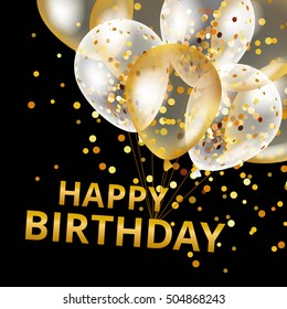 Balloons happy birthday on black. Gold balloon sparkles holiday background. Happy Birthday you logo, card, banner, web, design. Happiness Birth day new year card. Gold transparent balloon background
