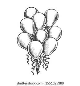 Balloons Heap Decorated Curly Ribbon Retro Vector. Helium Balloons Beautiful Decorative Detail For Card On Woman Day. Engraving Concept Layout Designed In Vintage Style Monochrome Illustration