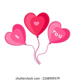 Balloons heart. Icon, clipart for Valentine's Day, fun, holiday. Bright pink balloons create an inscription of love. Vector flat illustration, cartoon style.