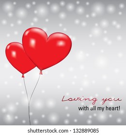 Balloons heart on a background of snowflakes