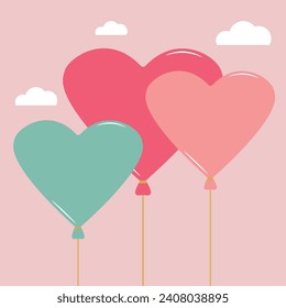 Balloons. Heart shape. Festive design element, balloon with ribbon. Happy Valentine.