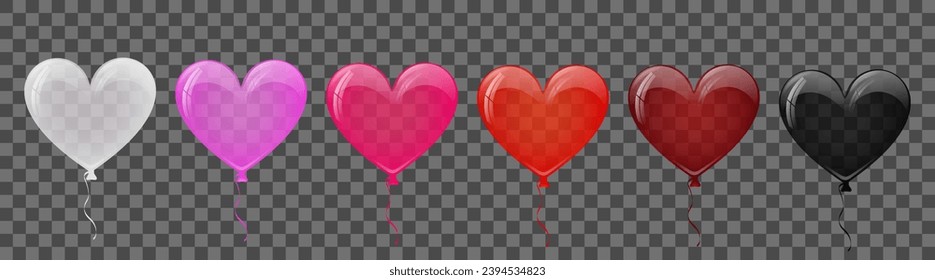 Balloons in heart shape as love sign for Valentine day. Icons of red, pink, white and black shiny helium balloons with ribbons isolated on transparent background, vector cartoon illustration