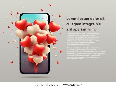 globos en forma de corazón en pantalla de smartphone alegre cartel de día de San Valentín o celebración de vales de vacaciones