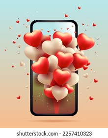 globos en forma de corazón en pantalla de smartphone alegre cartel de día de San Valentín o vales celebración de vacaciones encabezado de venta