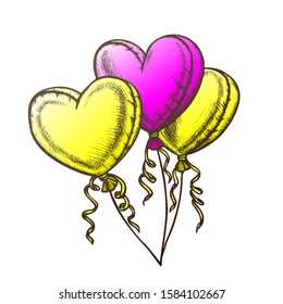 Balloons In Heart Shape With Ribbon Retro Vector. Air Flying Balloons Present On Valentine Day. Romantic Gift Engraving Concept Template Designed In Vintage Style Black And White Illustration