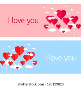 Balloons with heart shaped clouds on blue/pink striped background. vector illustration