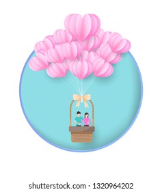 balloons and heart in the sky, paper art style,vector design