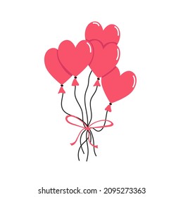 Balloons hearts tied by ribbon vector illustration. Romance. Valentine's Day.
