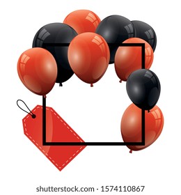 balloons helium black and red with square frame and tag hanging vector illustration design