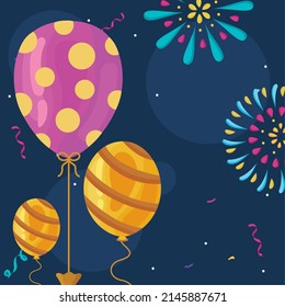 afiche de globos de helio y fuegos artificiales