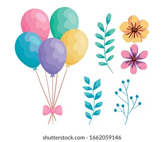 balloons helium with flowers and leafs vector illustration design