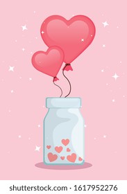 balloons helium in heart shape with bottle vector illustration design