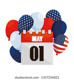 balloons helium with USA flag and may 1 calendar