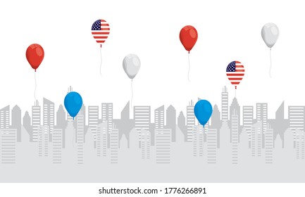 balloons helium with usa flags in cityscape vector illustration design