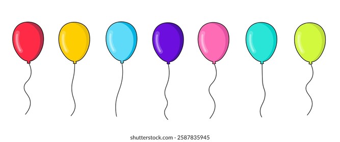 Balloons icon. Festive decoration, congratulations on birthday, wedding, party, holiday. Set of linear balloons with ribbon in cartoon style. Vector isolated illustration