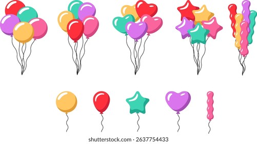 Balloons icon set. Colorful balloons in various colors, perfect for celebrating carnivals, holidays, birthdays, and parties in a fun cartoon flat style.
