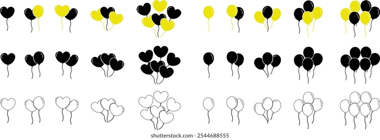 Balloons icon set isolated on transparent background. Vector flat and line in black and yellow color balloons template for anniversary birthday party event design Celebration symbol collection.