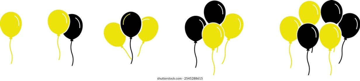 Balloons icon set isolated on transparent background. Vector flat and line in black and yellow color balloons template for anniversary birthday party event design Celebration symbol collection.