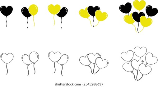 Balloons icon set isolated on transparent background. Vector flat and line in black and yellow color balloons template for anniversary birthday party event design Celebration symbol collection.