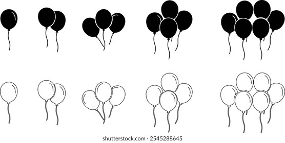 Balloons icon set isolated on transparent background. Vector flat and line in black color balloons template for anniversary birthday party event design Celebration symbol collection.