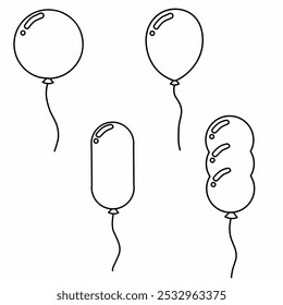 Conjunto de iconos de globos. Fiesta globo icono decoración de cumpleaños. Icono de contorno de globo con cadena en estilo de dibujos animados de línea. Vector.
