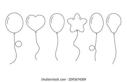 Iconos de globos establecidos. Simple señal de varias formas, diseño de contorno. Decoración festiva, saludos de cumpleaños, boda, fiesta, vacaciones. Ilustraciones vectoriales aisladas.
