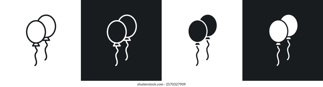 Balloons icons vectors set in black. line and flat versions