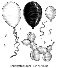 Balloons illustration, drawing, engraving, ink, line art, vector