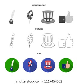 Balloons, inkwell with a pen, Uncle Sam hat. The patriot day set collection icons in flat,outline,monochrome style vector symbol stock illustration web.