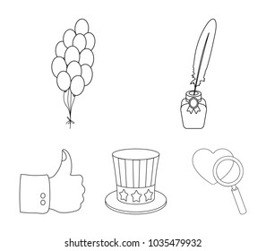 Balloons, inkwell with a pen, Uncle Sam's hat. The patriot's day set collection icons in outline style vector symbol stock illustration web.