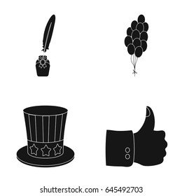 Balloons, inkwell with a pen, Uncle Sam's hat. The patriot s day set collection icons in black style vector symbol stock illustration web.