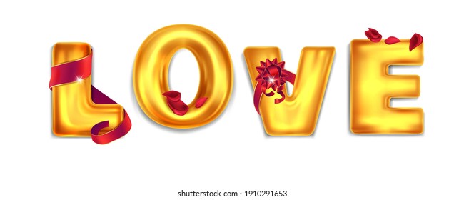 Balloons with the inscription Love, isolated on a white background for Valentine's Day. The inscription in gold letters and rose petals. Vector illustration