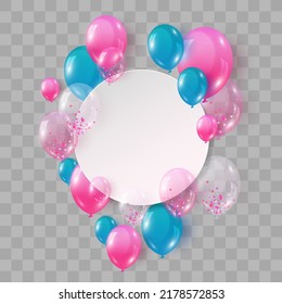 Balloons isolated on png background. Festive 3d helium balloons, vector template for anniversary, birthday party design. Birthday baloon flying for party. Vector celebration banner.