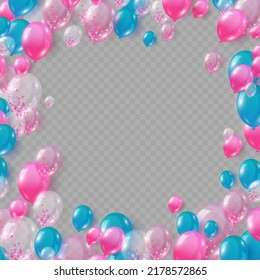 Balloons isolated on png background. Festive 3d helium balloons, vector template for anniversary, birthday party design. Birthday baloon flying for party. Vector celebration banner.