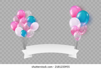 Balloons Isolated On Png Background. Festive 3d Helium Balloons, Vector Template For Anniversary, Birthday Party Design. Birthday Baloon Flying For Party. Vector Celebration Banner.