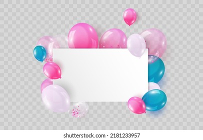 Balloons isolated on png background. Festive 3d helium balloons, vector template for anniversary, birthday party design. Birthday baloon flying for party. Vector celebration banner.