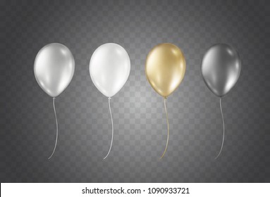 Balloons isolated on transparent background. Glossy gold, silver, black, white festive 3d helium ballons. Vector realistic translucent golden baloons mockup for anniversary, birthday party design