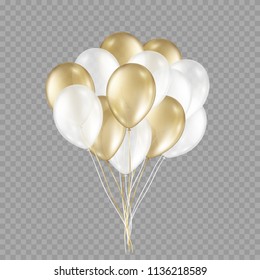 Balloons isolated on transparent background. Vector realistic helium golden, glossy gold and white  birthday bunch of ballons.  
