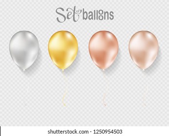 Balloons isolated on transparent background. Vector realistic helium golden rose, glossy gold and white birthday balloons.