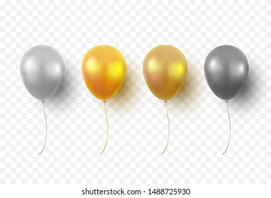 Balloons isolated on transparent background. Glossy gold, silver, black festive 3d helium balloons. Vector realistic translucent golden baloons mockup for anniversary, birthday party design
