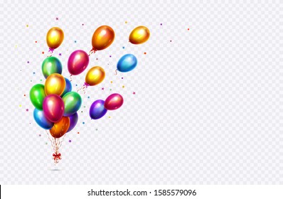 Balloons isolated on transparent background. Vector. Color realistic 3d bunches and groups of helium flying balloons. Party, birthday or carnival celebrate background, banner or decoration.