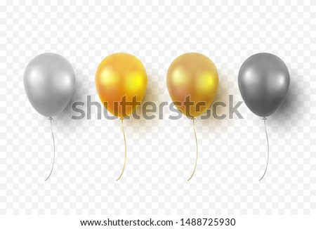 Balloons isolated on transparent background. Glossy gold, silver, black festive 3d helium balloons. Vector realistic translucent golden baloons mockup for anniversary, birthday party design
