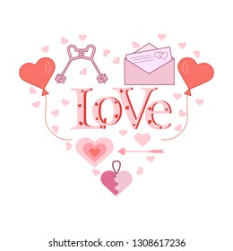 Balloons, keys, envelope with letter, arrow, needle bed in the shape of a heart. Inscription love with hearts. Birthday, Valentine's day vector background.