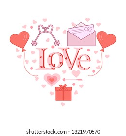 Balloons, keys, envelope with letter, arrow, gift in the shape of a heart. Inscription love with hearts. Birthday, Valentine's day vector background.