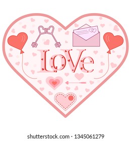 Balloons, keys, envelope with letter, arrow, stitched heart with button in the shape of a heart. Inscription love with hearts. Birthday, Valentine's day vector background.